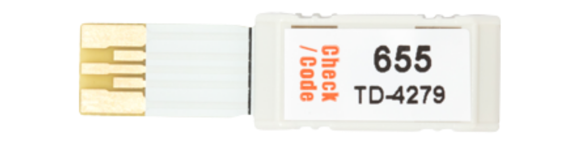 BKT ketone code strip (also called a code chip), shown inside the strip box between the vial and instruction sheet