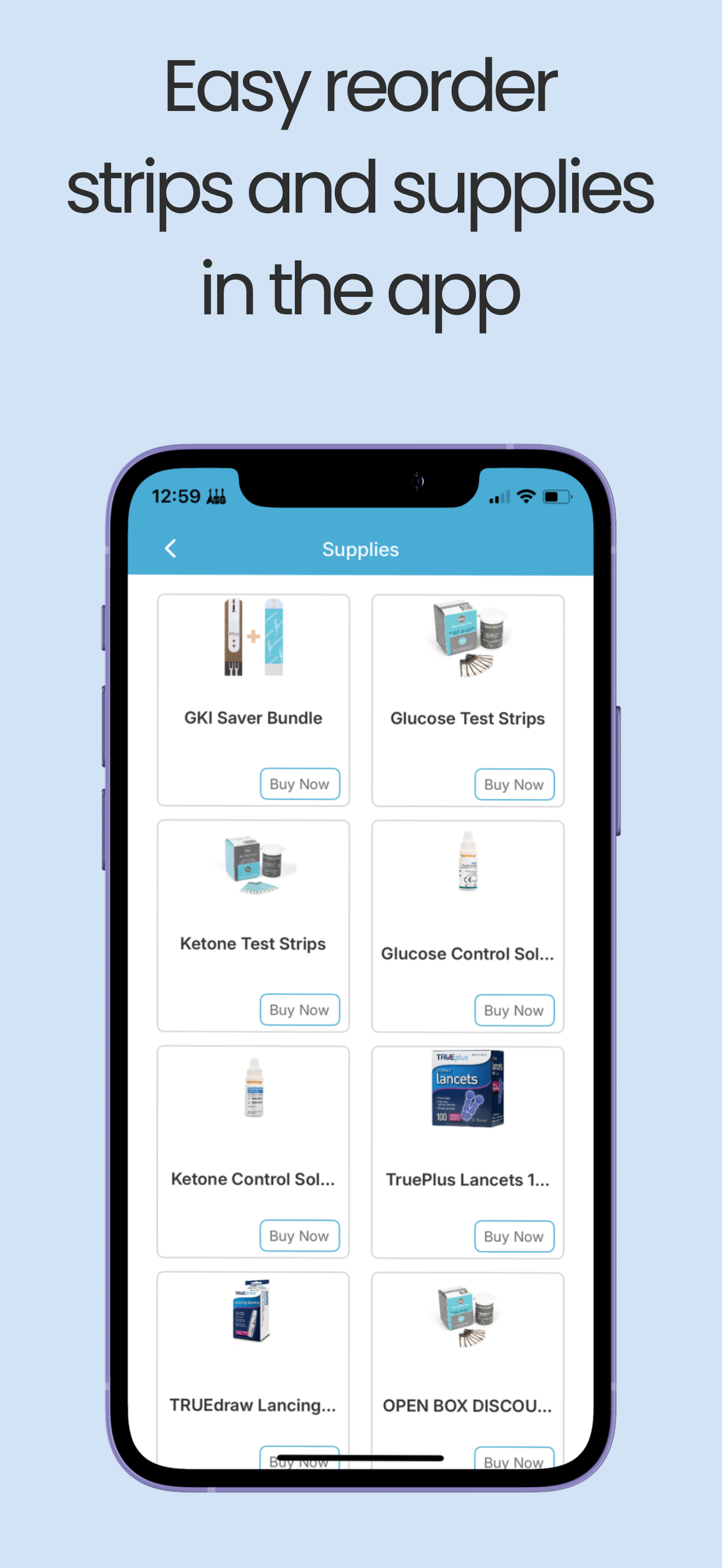 Easy reorder — Strips and supplies in the app