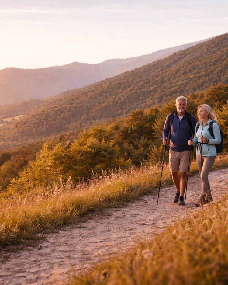 A couple in their fifties walking a hillside trail at sunset