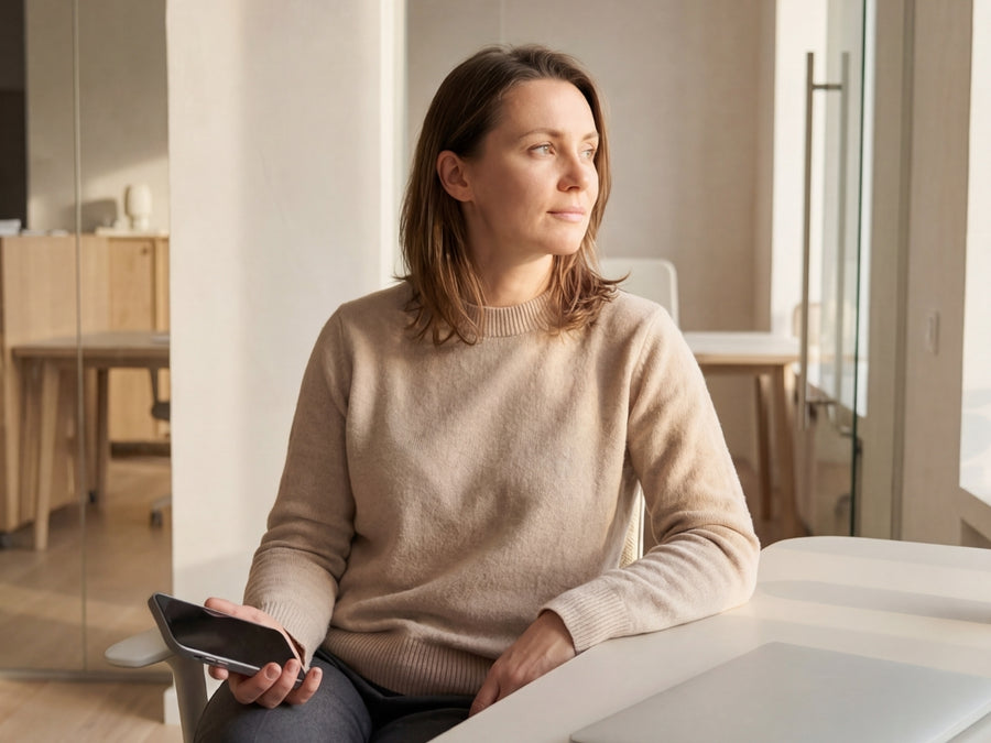 Woman in a sweater looking out a sunlit window